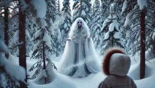 Uma mulher misteriosa em um manto branco está à beira de uma floresta nevada, enquanto uma jovem observa com admiração.