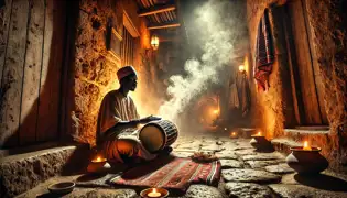Hassan Noor réalise un rituel de tambour dans une ruelle de Mombasa, enveloppé dans la fumée d'encens et entouré de tissus traditionnels.