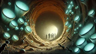Silhueta humana en un vasto túnel construido por hormigas