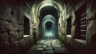 Un estrecho corredor de piedra débilmente iluminado dentro de El Morro, cubierto de musgo y antiguas tallas, que conduce a una oxidada puerta de hierro.