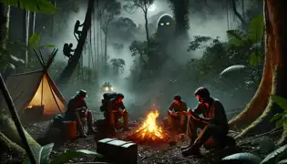 Un campamento en la jungla por la noche, con cuatro exploradores alrededor de una fogata, la tensión palpable en el ambiente y ojos resplandecientes que observan desde las sombras.