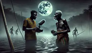 Kwame e Nana Kofi estão à beira do rio Volta à noite, ouvindo os sussurros que surgem das águas nebulosas.