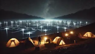Un campamento nocturno de expedición en la orilla del lago Issyk-Kul, donde luces misteriosas crean patrones sobre el agua.