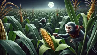 Kanda, el mono, se desliza sigilosamente por un campo de maíz bajo la luz de la luna, estirando su mano hacia una mazorca.