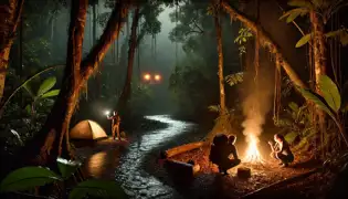 Un campamento en la jungla por la noche, con ojos ámbar brillantes observando desde las sombras cerca del fuego.