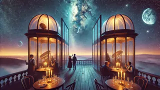 El exterior de la posada a medianoche, con las luces brillando mientras el aire vibra con energía temporal.