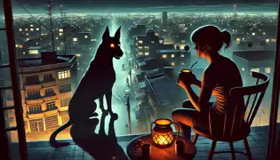 Rosa se sienta en su balcón, contemplando al Perro Negro de ojos brillantes que se encuentra en un callejón sombrío más abajo.