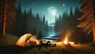 A nighttime camp scene near a waterfall, tent and campfire under starry sky