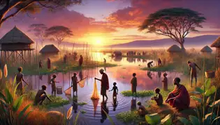 Los aldeanos plantan juncos en los Humedales de Bangweulu mientras Mwansa, ahora mayor, comparte la historia de Chitalu con los niños.