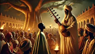 Baba Karamogo toca su kora bajo el baobab mientras el Príncipe Demba escucha con humildad, rodeado de una multitud cautivada en Niani.