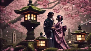 Masaru y Aiko abrazándose bajo los cerezos en flor en el santuario.