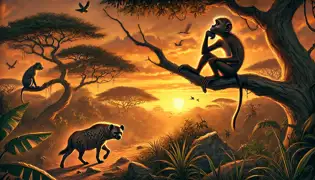 Al atardecer, un mono se recuesta en una rama de árbol, observando cómo una hiena humillada se aleja sigilosamente hacia la maleza de la jungla.