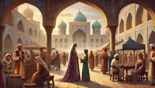 La princesa Gulnor camina por el mercado de Samarcanda tras su victoria, siendo recibida calurosamente por su pueblo.