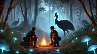 Un guardabosques y un cazador arrepentido arrodillados junto a una pluma brillante, mientras un casuario observa desde las sombras.