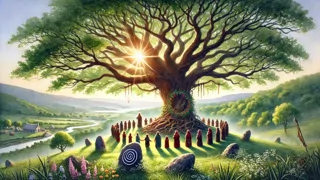 Un árbol antiguo y enorme en la cima de una colina plantado por Tay-Boday, con aldeanos celebrando abajo.