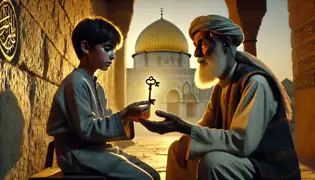 Yusuf le pasa una llave dorada a Sami cerca de la Mezquita de Al-Aqsa, mientras la cúpula dorada brilla bajo un cálido atardecer.