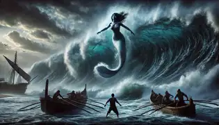 Una enorme ola se desata en la orilla, empujando hacia atrás a los pescadores mientras Layla escapa, extendiendo la mano hacia Youssef una última vez.