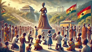Una estatua de Yaa Asantewaa se erige majestuosa en Ghana, rodeada de personas que rinden homenaje a su legado y escuchan historias sobre su valentía.