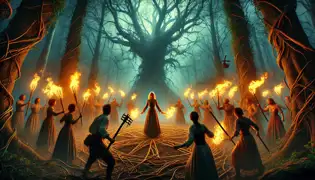 Des villageois brandissant des torches se tiennent devant Lavinia et Emilia dans une clairière illuminée par la lune, tandis que des vignes et des branches protègent le cercle de chênes.