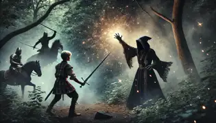 Una feroz batalla entre un príncipe y un oscuro hechicero en un bosque encantado, donde los destellos de magia y el choque de espadas iluminan la escena.