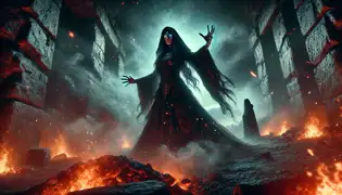 Una poderosa bruja con ojos resplandecientes surge de las sombras cerca de un altar, desatando una fuerza sobrenatural mientras dos exploradores la observan con terror.