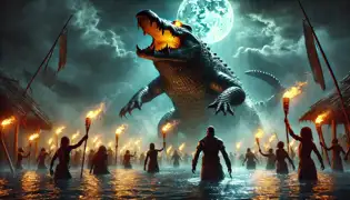 El Jefe Cocodrilo emerge del río, con ojos dorados brillantes que observan mientras los aldeanos se arrodillan en temor. Luyando permanece paralizado, asombrado.