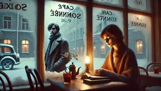 Alexei mirando a través de la ventana empañada de un café a una joven que está leyendo.