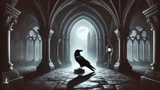 Una silueta de cuervo contra un arco gótico iluminado por la luna, lleno de sombras que se deslizan sigilosamente.