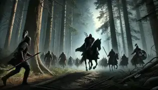 El príncipe Csaba guía a sus guerreros a través de un bosque sombrío, iluminado por haces de luz lunar.