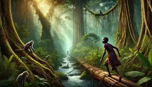 Mwamba cruza un estrecho tronco sobre un río en el bosque, mientras monos lo observan desde los altos árboles.