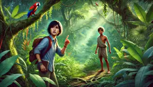 Mia y Kieran en una densa jungla, con la luz del sol filtrándose a través de un vibrante follaje.
