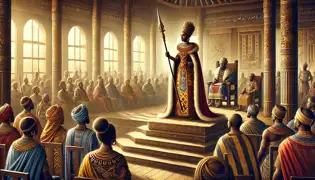 La reina Nzinga dirigiéndose a su corte en Matamba, de pie sobre una plataforma y sosteniendo su lanza, rodeada de asesores y guerreros.