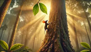 Un murciélago sube a un árbol alto con la ayuda de hormigas al amanecer para recoger una gota de rocío, rodeado por la suave luz que emite el bosque.