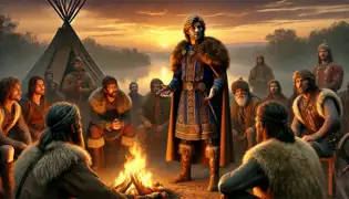 El Príncipe Csaba se dirige a los líderes de los clanes hunos junto al río Tisza, durante un ardiente atardecer.