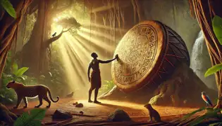 Mwamba se encuentra ante un enorme tambor tallado en un claro dorado, extendiendo la mano para tocar sus antiguos símbolos.