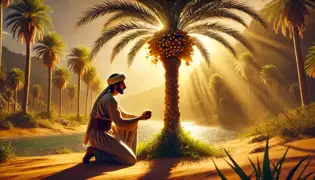 Khalid s'agenouille près de la paume transformée, tenant une datte dorée, les larmes aux yeux alors que le soleil baigne l'oasis de sa lumière.