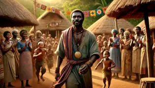 Mwamba regresa a su aldea, recibido por villanos alegres que lucen vestimentas coloridas y casas tradicionales.