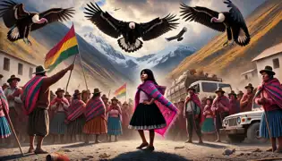 Los habitantes del pueblo bloquean los vehículos mineros en una aldea boliviana, con Nayra a la cabeza y cóndores volando sobre ellos.