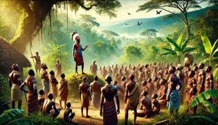 Los aldeanos se reunieron alrededor de un jefe en un claro del bosque, escuchando su urgente llamado a la acción.
