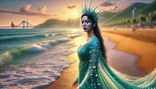 Soorin pisa la playa de Haeundae al amanecer, vestida con una brillante túnica azul, mientras la arena dorada y las suaves olas la rodean.