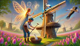 Lila repara un molino de viento cerca de campos de tulipanes, mientras que las cigüeñas anidan en las aspas. El Hada de los Tulipanes flota cerca, brillando suavemente.
