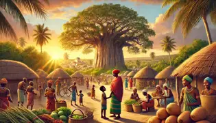 Un próspero pueblo donde los niños juegan bajo el Sagrado Baobab mientras los aldeanos cuidan sus cultivos; Nia y Mama Amina observan.