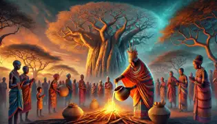Aldeanos al atardecer, ofreciendo regalos durante un ritual en el Sagrado Baobab, iluminados por el resplandor de una hoguera.