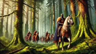 El rey Rüdeger y sus caballeros montan a través de un denso bosque, en una búsqueda bajo la luz filtrada del sol.