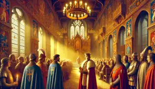 El rey Rüdeger se encuentra en la gran sala, dirigiéndose a su corte acerca de la historia del juglar, iluminado por una luz dorada.