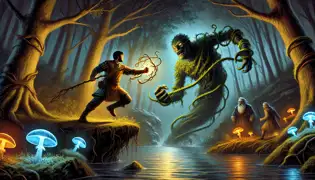 Luka y los pastores de Stone luchan contra una criatura sombría llamada Morana cerca del río Dragonja, utilizando vides y luz brillante.