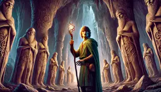 Luka sostiene un bastón de piedra brillante en una caverna llena de estatuas de los Pastores de Piedra que resplandecen tenuemente.