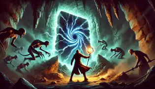 Luka canaliza energía a través de un bastón resplandeciente para sellar un oscuro y palpitante portal en una áspera cueva subterránea.