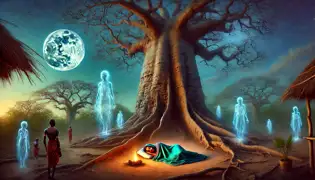Nia duerme bajo el Sagrado Baobab, rodeada de apariciones fantasmas y bañada por la luz de la luna bajo un cielo estrellado.