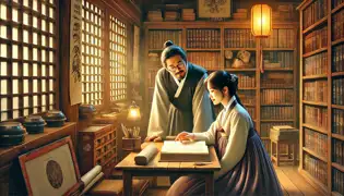 Soorin y Joon comparten un momento de tranquilidad en su librería, rodeados de estanterías y la cálida luz de las lámparas mientras estrechan lazos.